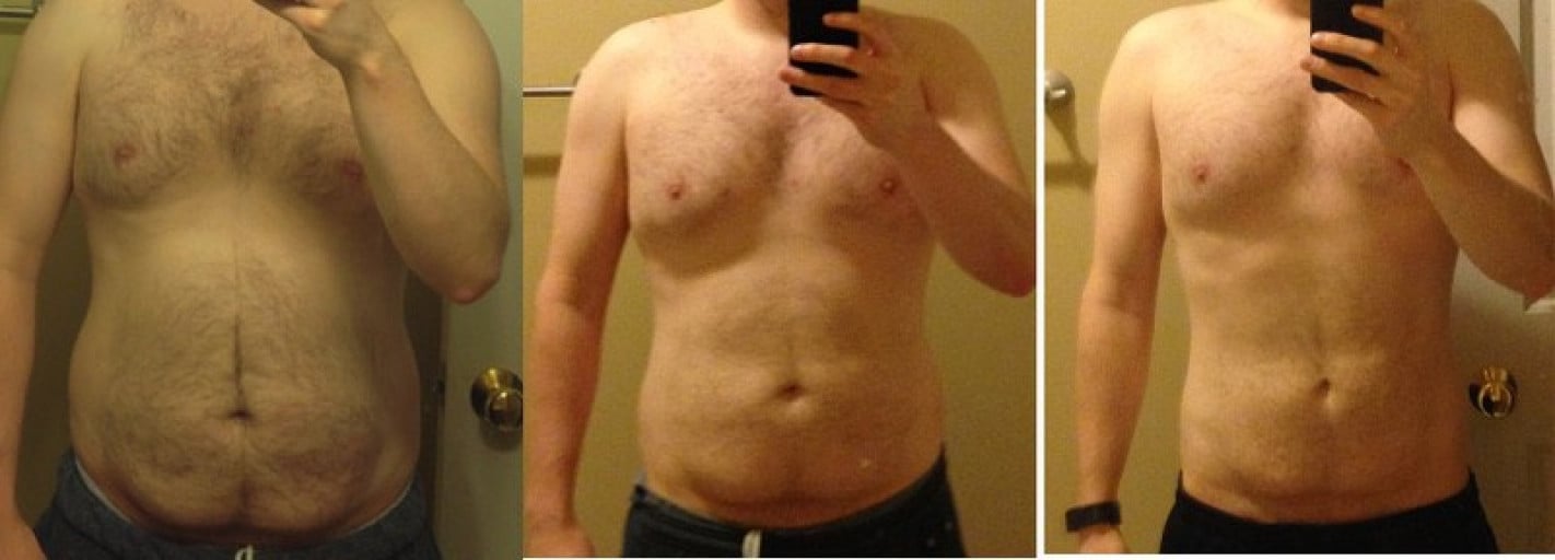 A progress pic of a 5'7" man showing a fat loss from 190 pounds to 155 pounds. A net loss of 35 pounds.