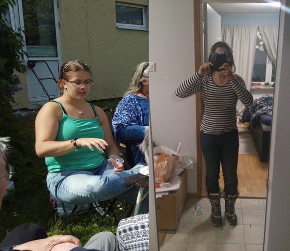 A before and after photo of a 5'6" female showing a weight reduction from 183 pounds to 153 pounds. A total loss of 30 pounds.