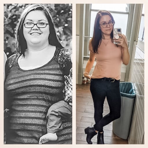 A before and after photo of a 5'5" female showing a weight reduction from 244 pounds to 133 pounds. A net loss of 111 pounds.