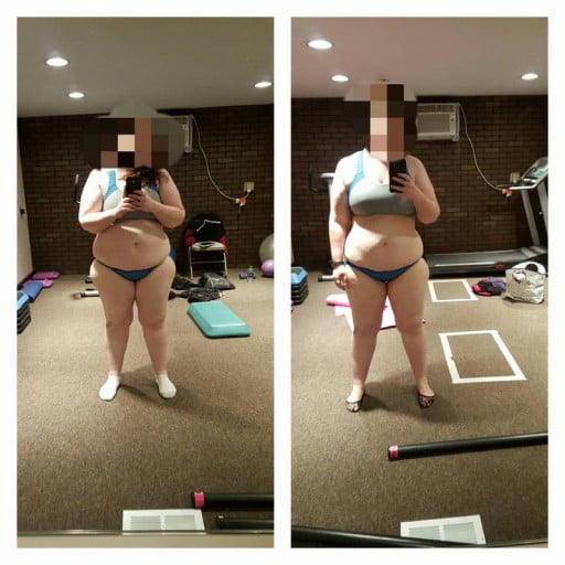 A picture of a 5'5" female showing a fat loss from 221 pounds to 188 pounds. A net loss of 33 pounds.