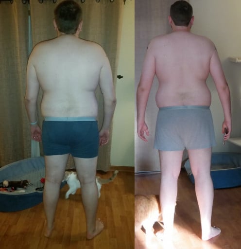 A picture of a 6'2" male showing a weight reduction from 297 pounds to 269 pounds. A total loss of 28 pounds.