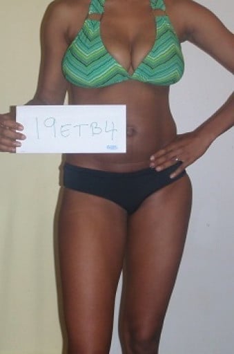 A before and after photo of a 5'4" female showing a snapshot of 122 pounds at a height of 5'4