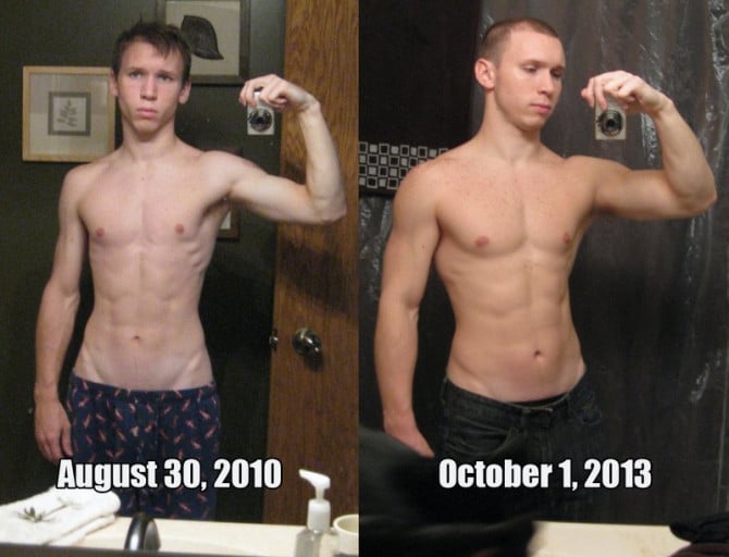 A photo of a 5'5" man showing a weight gain from 105 pounds to 135 pounds. A total gain of 30 pounds.