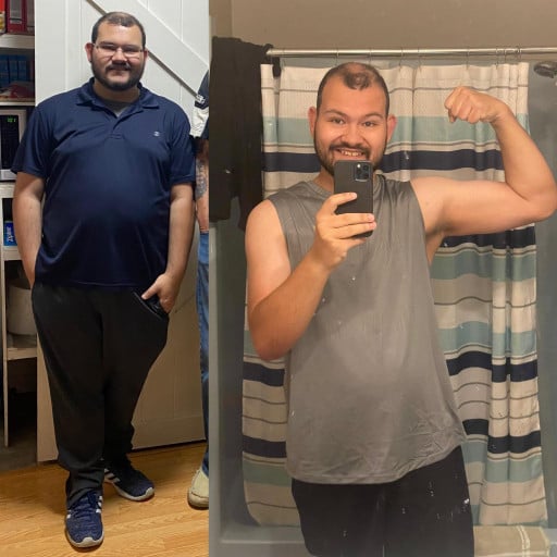 A before and after photo of a 5'7" male showing a weight reduction from 282 pounds to 221 pounds. A net loss of 61 pounds.