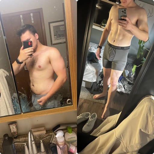M/22/5’9” [190 > 155 = 35lbs] Weight loss progress. I met my goal weight after 7 months, which I am ecstatic about! However, I am still lacking a full 6 pack. Should I drop an additional 5-10 pounds or go to maintenance calories and fill out with more muscle?