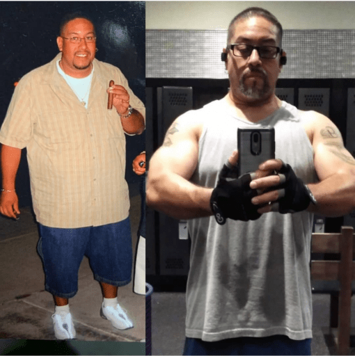 A before and after photo of a 5'11" male showing a weight reduction from 300 pounds to 190 pounds. A respectable loss of 110 pounds.