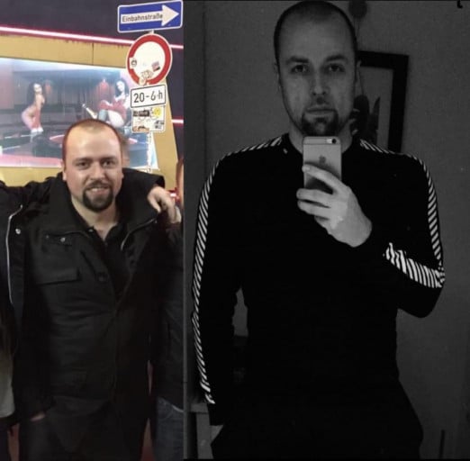 A before and after photo of a 5'9" male showing a weight reduction from 231 pounds to 171 pounds. A net loss of 60 pounds.