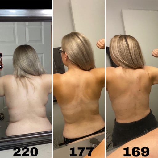 Before and After 51 lbs Fat Loss 5 foot 4 Female 220 lbs to 169 lbs