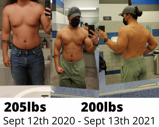 A progress pic of a 5'10" man showing a fat loss from 205 pounds to 200 pounds. A respectable loss of 5 pounds.