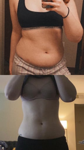 A picture of a 5'3" female showing a weight loss from 156 pounds to 144 pounds. A net loss of 12 pounds.