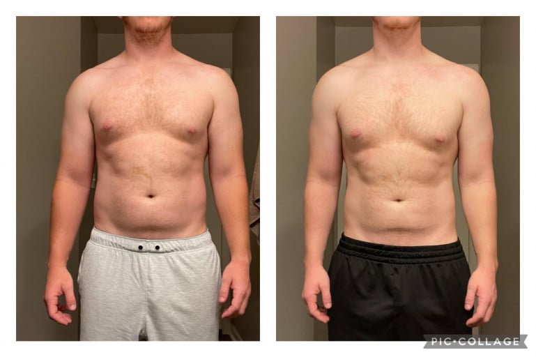 A before and after photo of a 5'10" male showing a weight reduction from 213 pounds to 205 pounds. A total loss of 8 pounds.