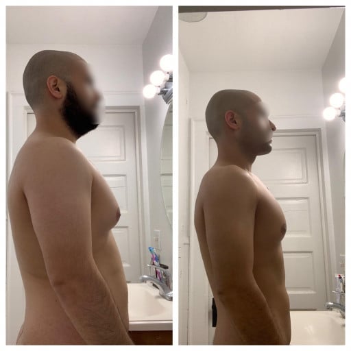 A picture of a 5'8" male showing a weight loss from 202 pounds to 155 pounds. A net loss of 47 pounds.