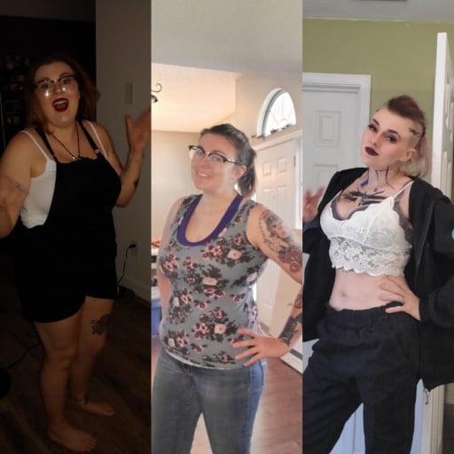 A before and after photo of a 5'6" female showing a weight reduction from 209 pounds to 124 pounds. A net loss of 85 pounds.
