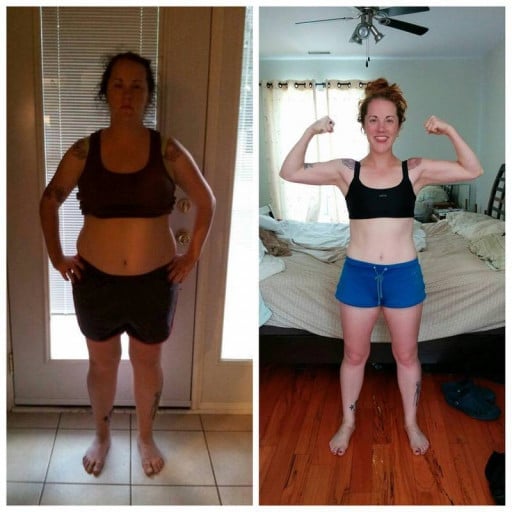 A picture of a 5'2" female showing a weight loss from 165 pounds to 125 pounds. A total loss of 40 pounds.