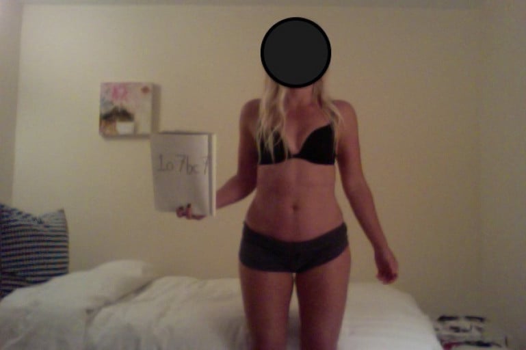 A before and after photo of a 5'3" female showing a snapshot of 122 pounds at a height of 5'3