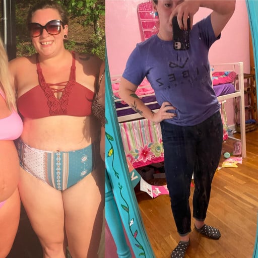 A picture of a 5'2" female showing a weight loss from 190 pounds to 165 pounds. A total loss of 25 pounds.