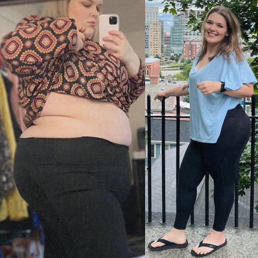 A progress pic of a 5'6" woman showing a fat loss from 350 pounds to 190 pounds. A total loss of 160 pounds.