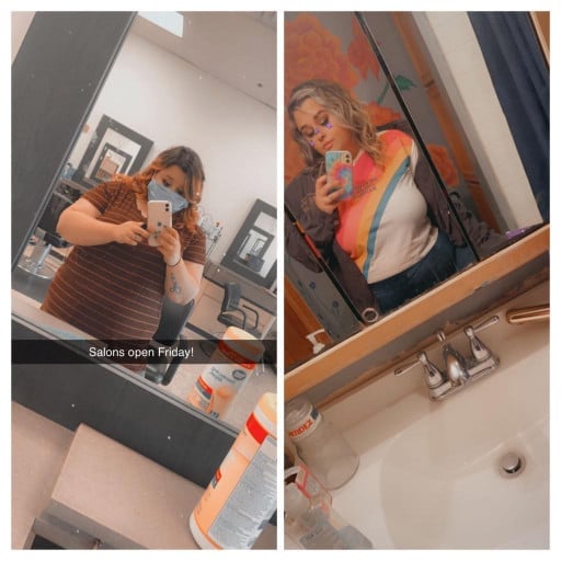 A progress pic of a 5'1" woman showing a fat loss from 270 pounds to 218 pounds. A total loss of 52 pounds.