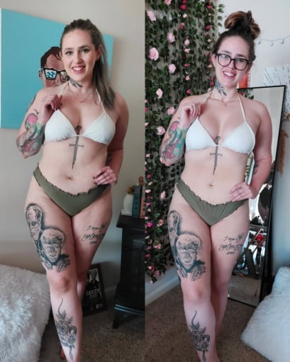 A before and after photo of a 5'8" female showing a weight reduction from 215 pounds to 188 pounds. A respectable loss of 27 pounds.