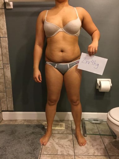 A before and after photo of a 5'1" female showing a snapshot of 131 pounds at a height of 5'1