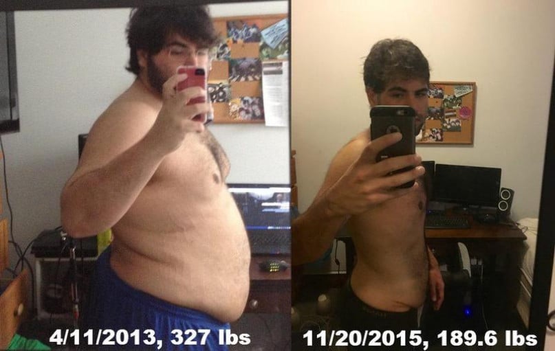 A photo of a 6'0" man showing a weight reduction from 327 pounds to 189 pounds. A respectable loss of 138 pounds.