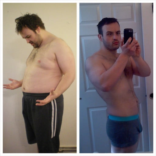 A progress pic of a 5'8" man showing a fat loss from 254 pounds to 196 pounds. A net loss of 58 pounds.