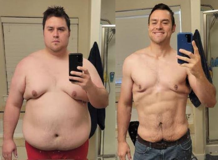 A photo of a 6'2" man showing a weight cut from 415 pounds to 225 pounds. A net loss of 190 pounds.