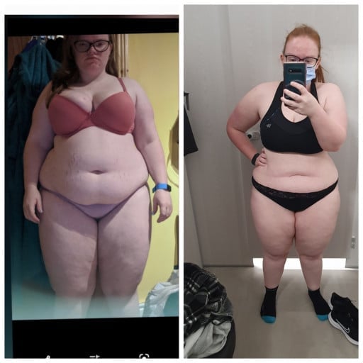 A progress pic of a 5'3" woman showing a fat loss from 252 pounds to 209 pounds. A net loss of 43 pounds.