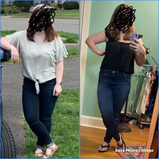 A progress pic of a 5'6" woman showing a fat loss from 206 pounds to 173 pounds. A net loss of 33 pounds.