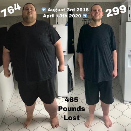 A photo of a 6'8" man showing a weight cut from 764 pounds to 299 pounds. A total loss of 465 pounds.