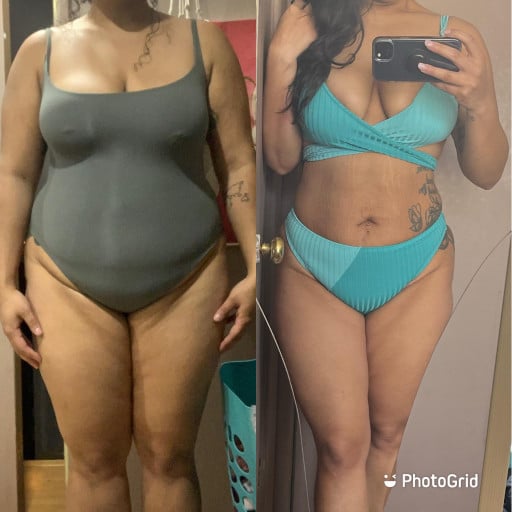 A progress pic of a 5'4" woman showing a fat loss from 220 pounds to 175 pounds. A total loss of 45 pounds.