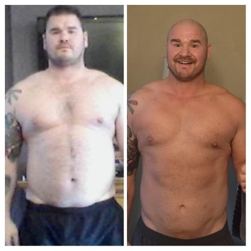 A before and after photo of a 5'10" male showing a weight reduction from 257 pounds to 227 pounds. A total loss of 30 pounds.