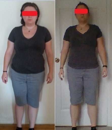 A picture of a 5'3" female showing a fat loss from 187 pounds to 170 pounds. A respectable loss of 17 pounds.