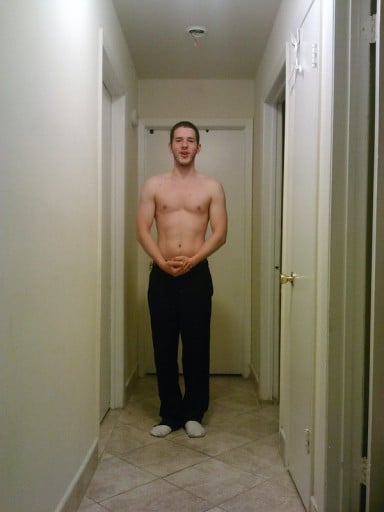 A before and after photo of a 5'11" male showing a weight gain from 135 pounds to 180 pounds. A respectable gain of 45 pounds.