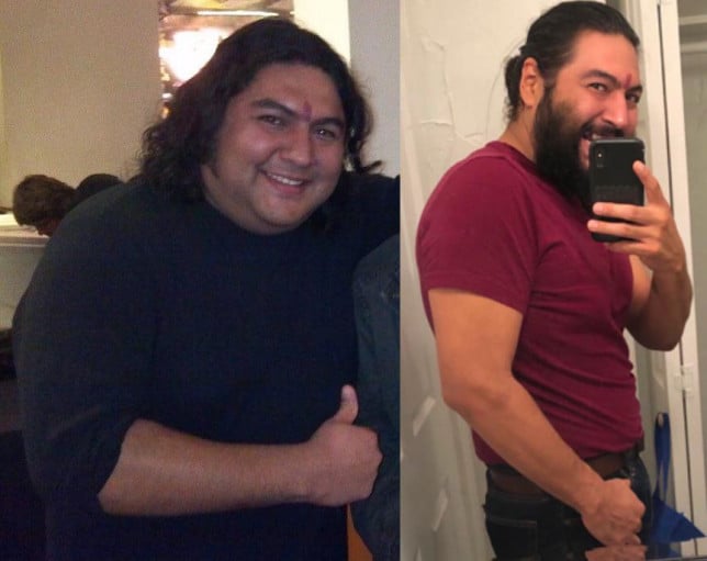 A progress pic of a 5'10" man showing a fat loss from 268 pounds to 198 pounds. A net loss of 70 pounds.