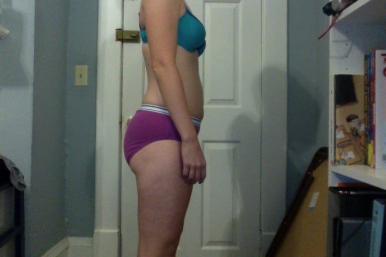 A progress pic of a 5'3" woman showing a snapshot of 123 pounds at a height of 5'3