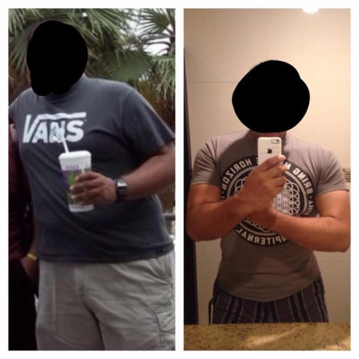 A picture of a 5'11" male showing a weight loss from 305 pounds to 256 pounds. A net loss of 49 pounds.