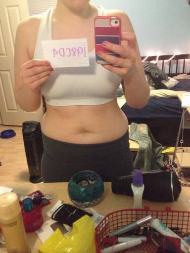 A before and after photo of a 5'5" female showing a snapshot of 169 pounds at a height of 5'5