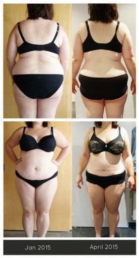 A progress pic of a 5'7" woman showing a fat loss from 283 pounds to 248 pounds. A net loss of 35 pounds.