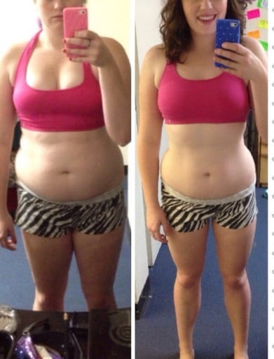 A progress pic of a 5'7" woman showing a fat loss from 174 pounds to 153 pounds. A respectable loss of 21 pounds.