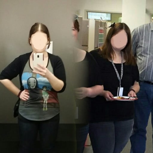 A before and after photo of a 5'4" female showing a weight cut from 230 pounds to 175 pounds. A total loss of 55 pounds.