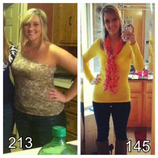 A picture of a 5'7" female showing a weight reduction from 213 pounds to 145 pounds. A respectable loss of 68 pounds.