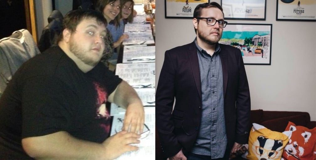 A picture of a 5'10" male showing a weight loss from 348 pounds to 226 pounds. A net loss of 122 pounds.