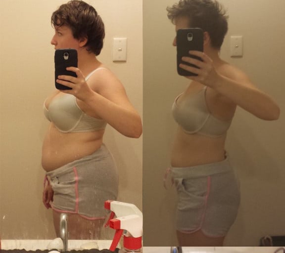 A progress pic of a 5'1" woman showing a weight reduction from 158 pounds to 128 pounds. A respectable loss of 30 pounds.