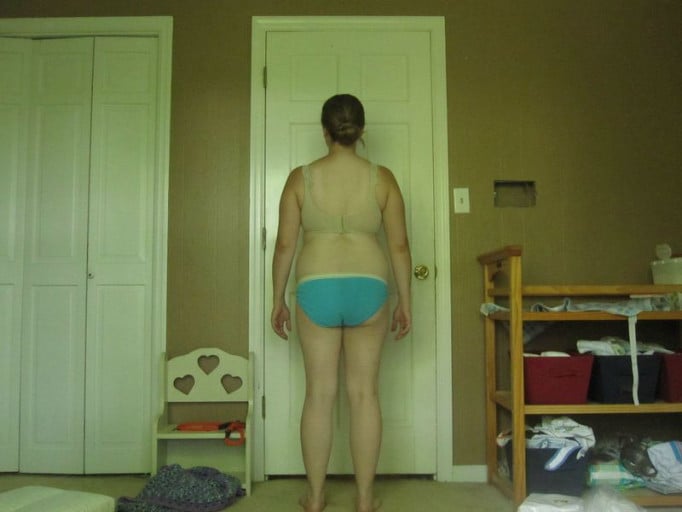 A before and after photo of a 5'2" female showing a snapshot of 154 pounds at a height of 5'2