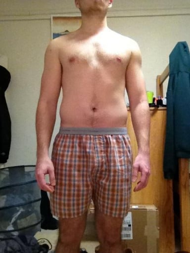 A photo of a 5'9" man showing a weight reduction from 170 pounds to 165 pounds. A total loss of 5 pounds.