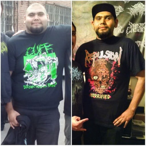 A before and after photo of a 6'2" male showing a weight loss from 345 pounds to 225 pounds. A respectable loss of 120 pounds.