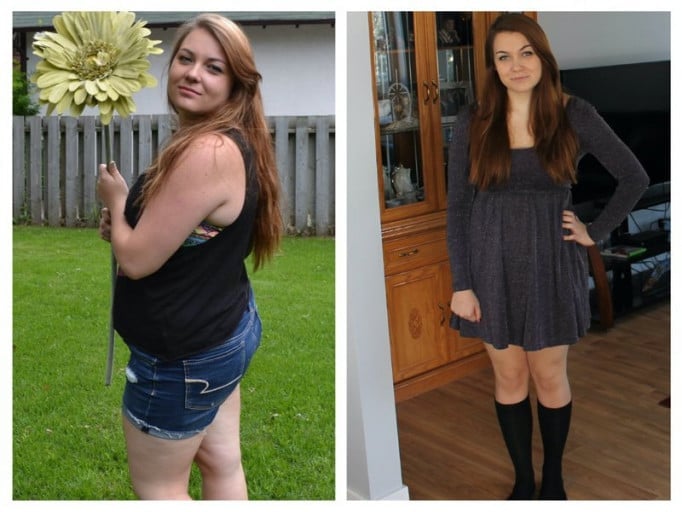 A picture of a 5'5" female showing a weight loss from 200 pounds to 160 pounds. A net loss of 40 pounds.