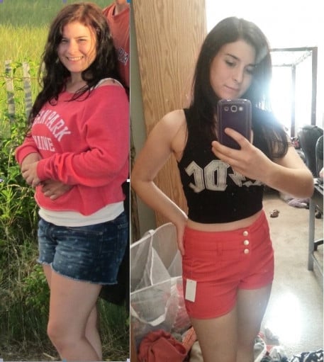 A before and after photo of a 5'2" female showing a weight reduction from 140 pounds to 119 pounds. A net loss of 21 pounds.