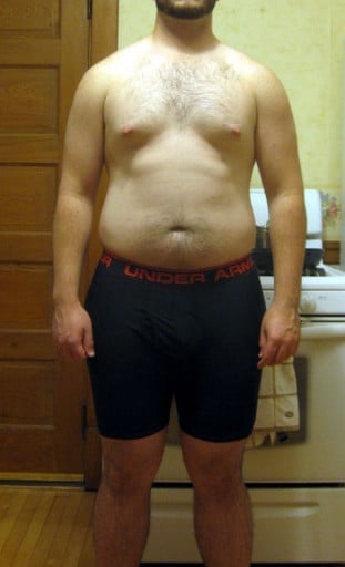 A before and after photo of a 6'1" male showing a snapshot of 240 pounds at a height of 6'1